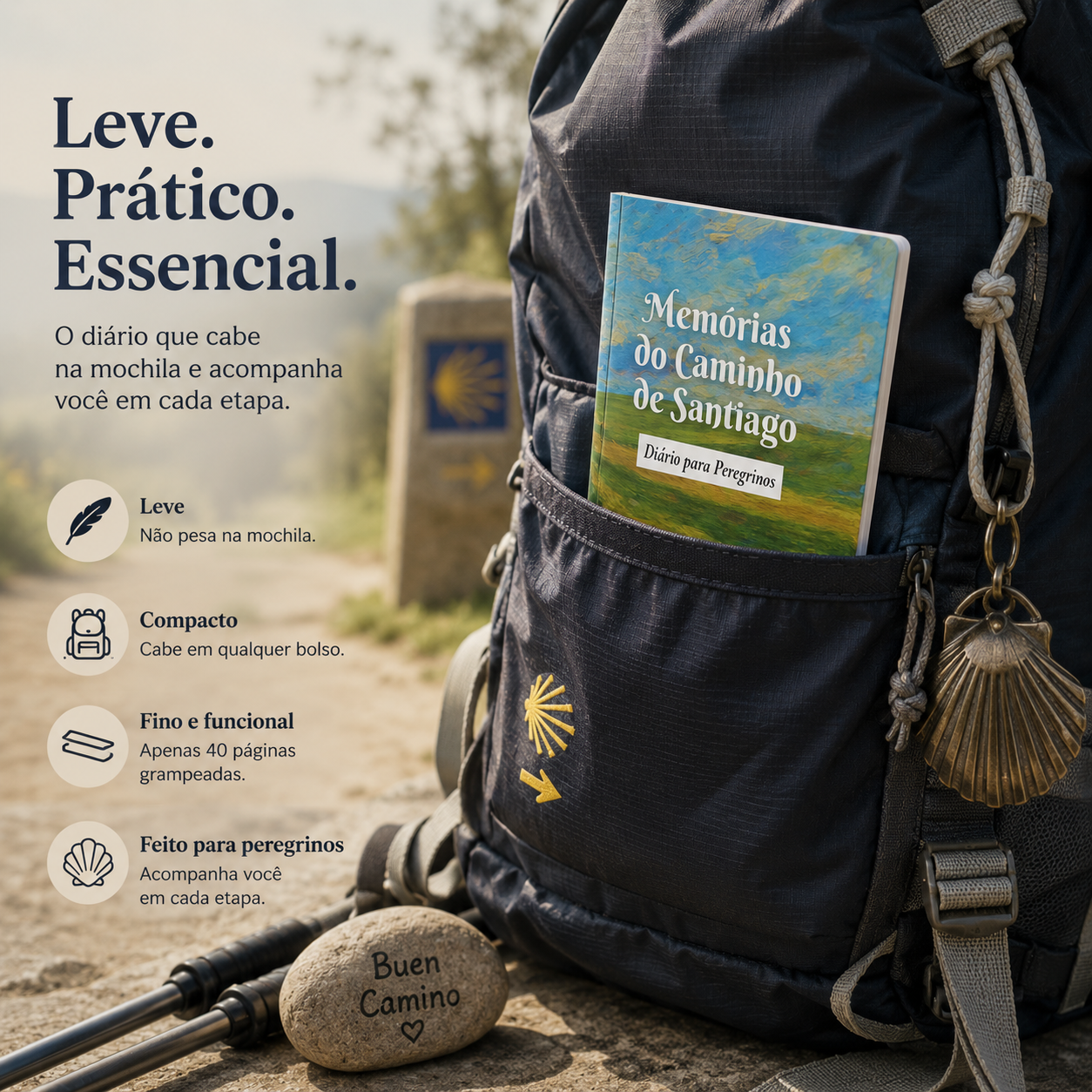 Diário para Peregrinos do Caminho de Santiago na mochila de um peregrino